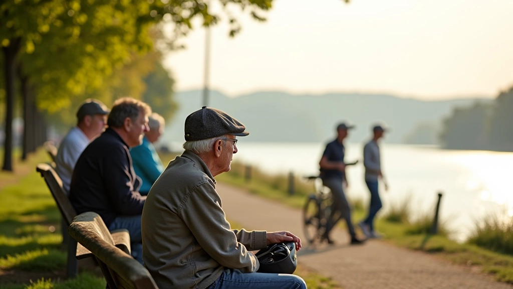 Grupa seniorów odpoczywająca na wale Wisły z widokiem na rzekę