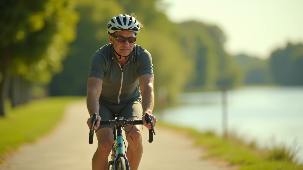 Rowerzysta w koszulce treningowej, okularach słonecznych i rękawicach rowerowych jedzie po wale Wisły
