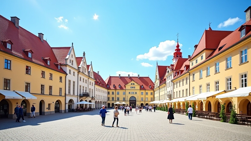 Rynek Sandomierza z barokowymi kamienicami, zabytkowe domy wokół placu, turystów spacerajacych, błękitne niebo