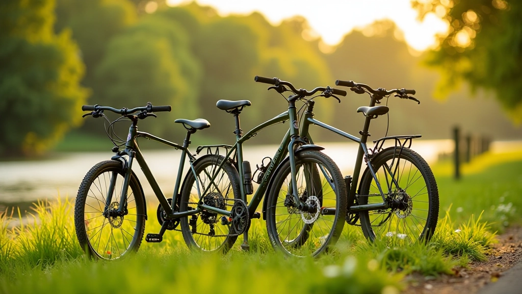 Trzy różne typy rowerów (górski, treking, gravel) ustawione obok siebie na trawie przy wale Wisły